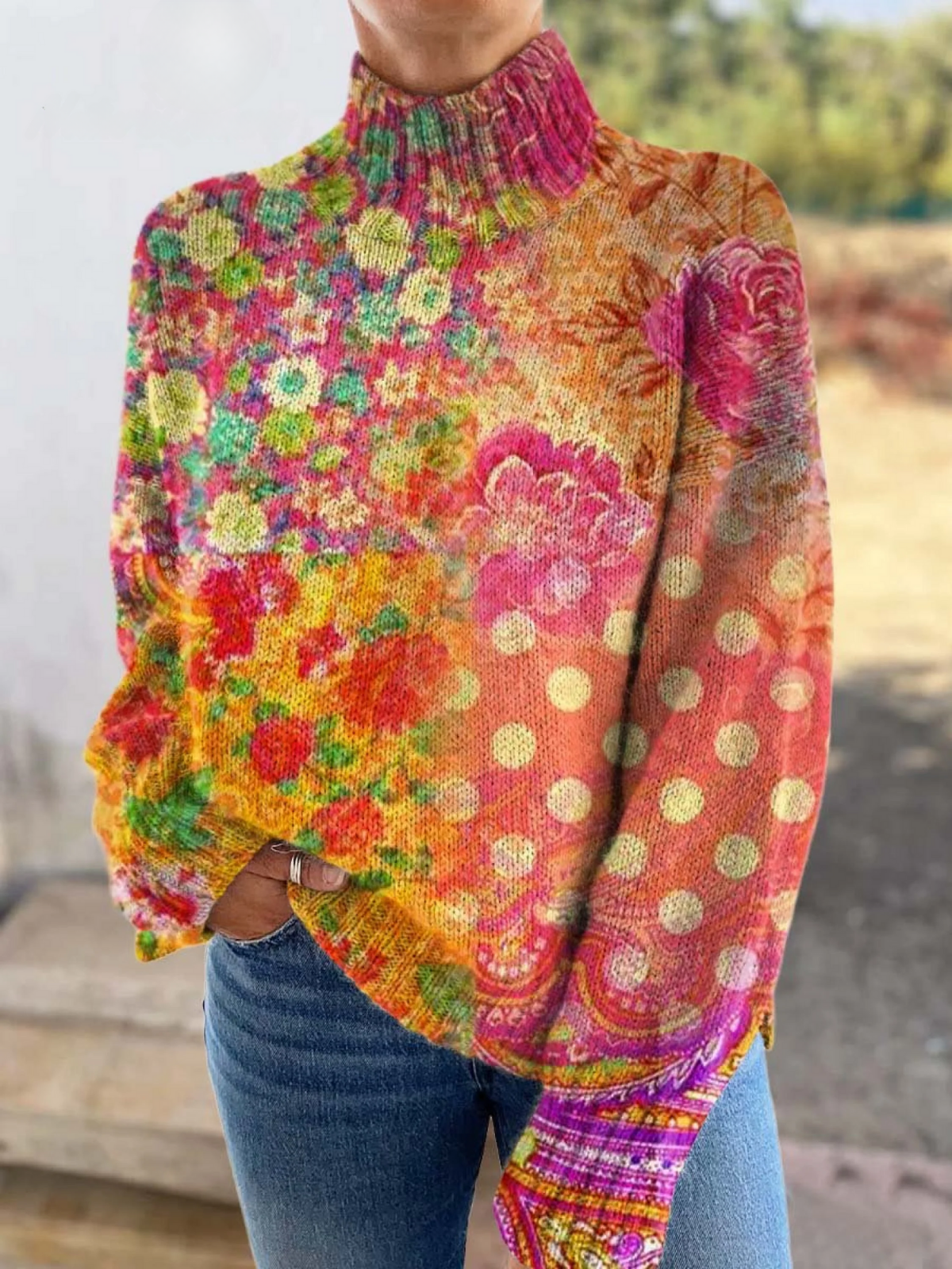 Katarzyna™ – Elegant Women's Sweater with Floral Polka Dot Pattern