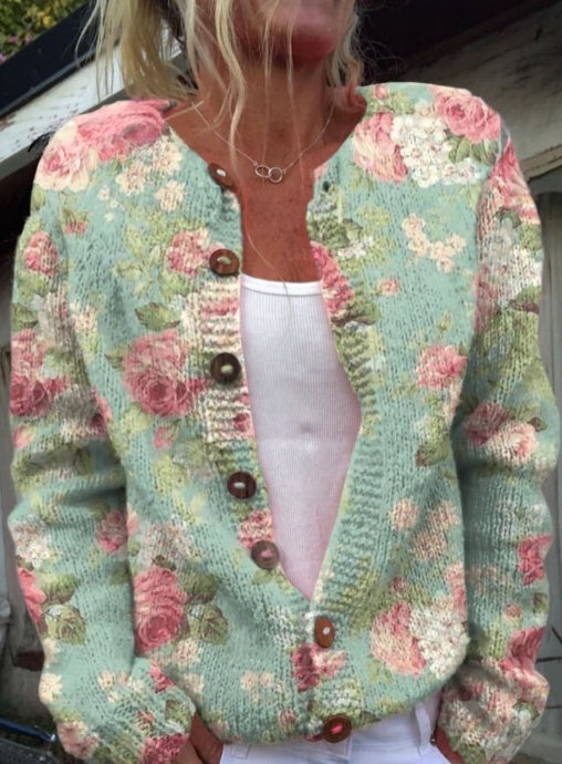 Fresh retro floral print cardigan with buttons