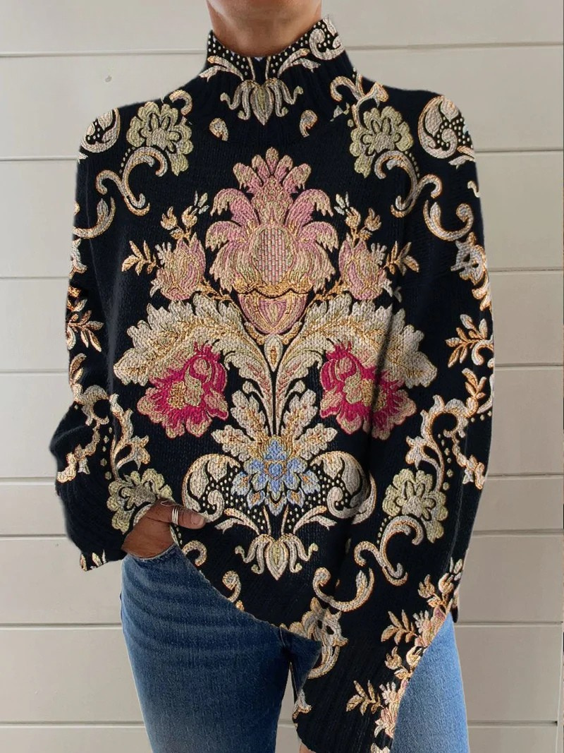 Izabela™ - Charming Women's Turtleneck with Vintage Floral Pattern