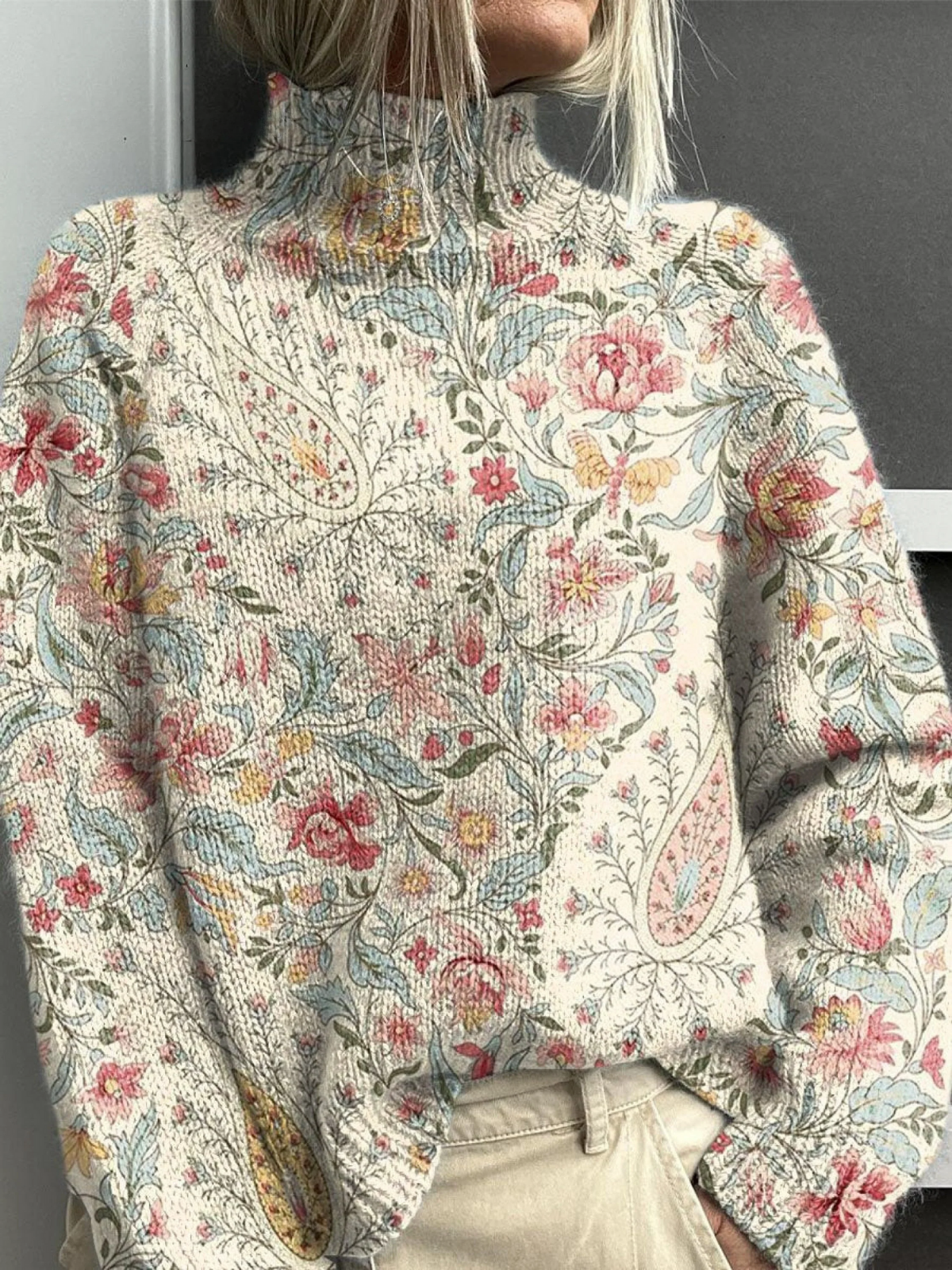 Natalia™ - Stylish Knit Turtleneck with Vintage Floral Paisley Pattern
