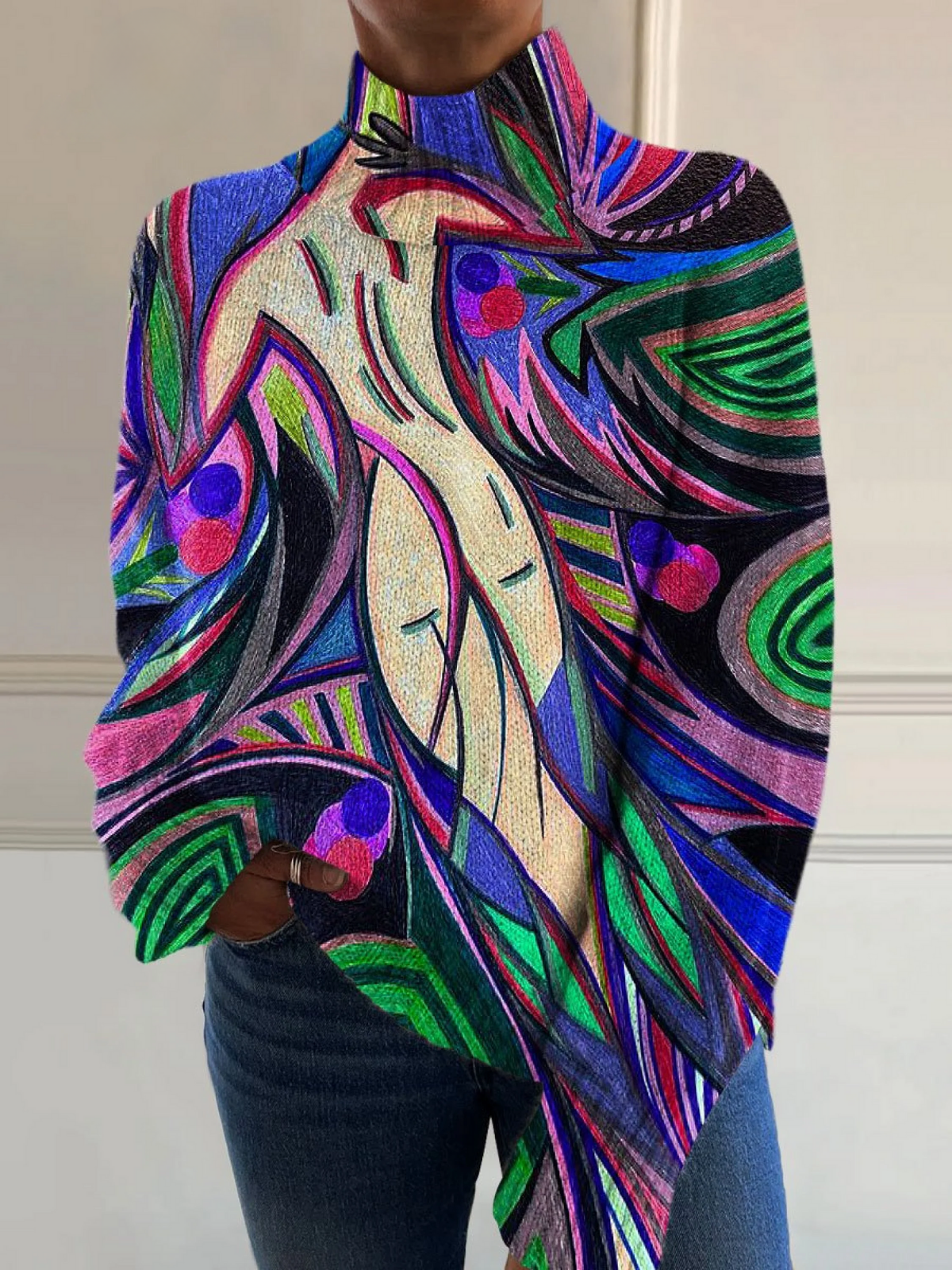 Agata™ - Stylish Turtleneck Sweater with Abstract White Retro Print