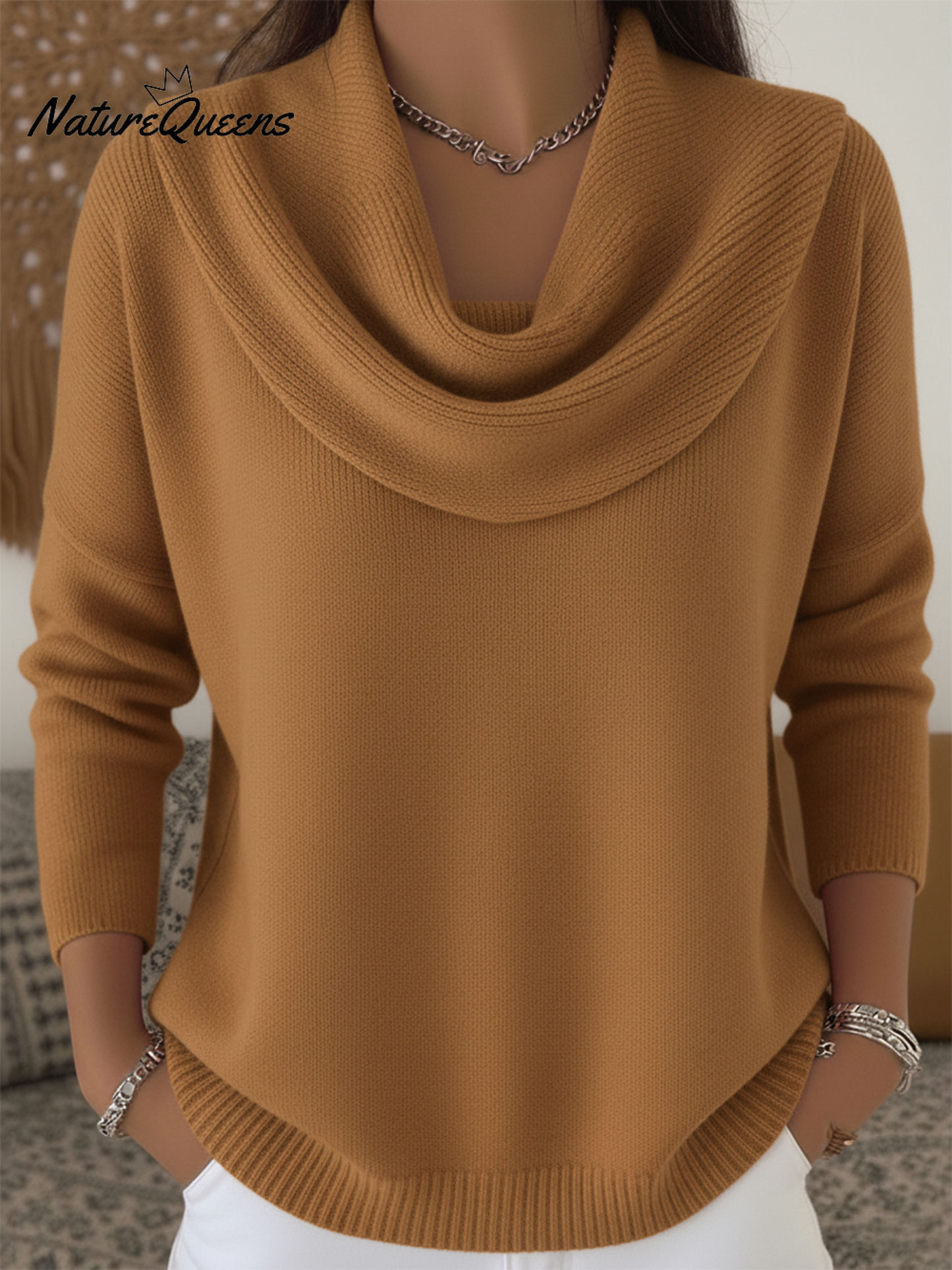 Soft and elegant solid color sweater with ruffles at the collar for women