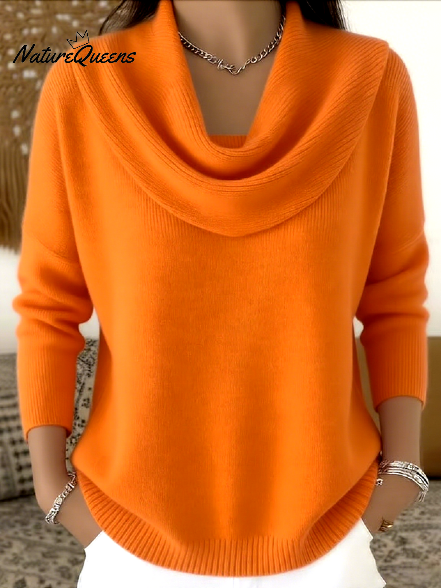 Soft and elegant solid color sweater with ruffles at the collar for women