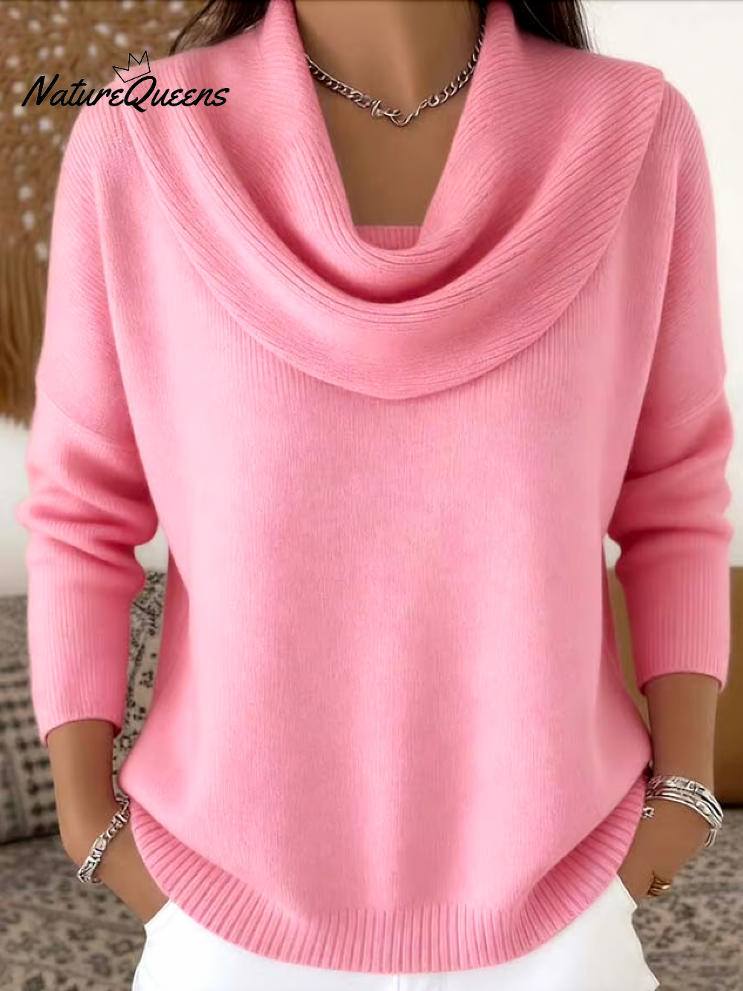 Soft and elegant solid color sweater with ruffles at the collar for women