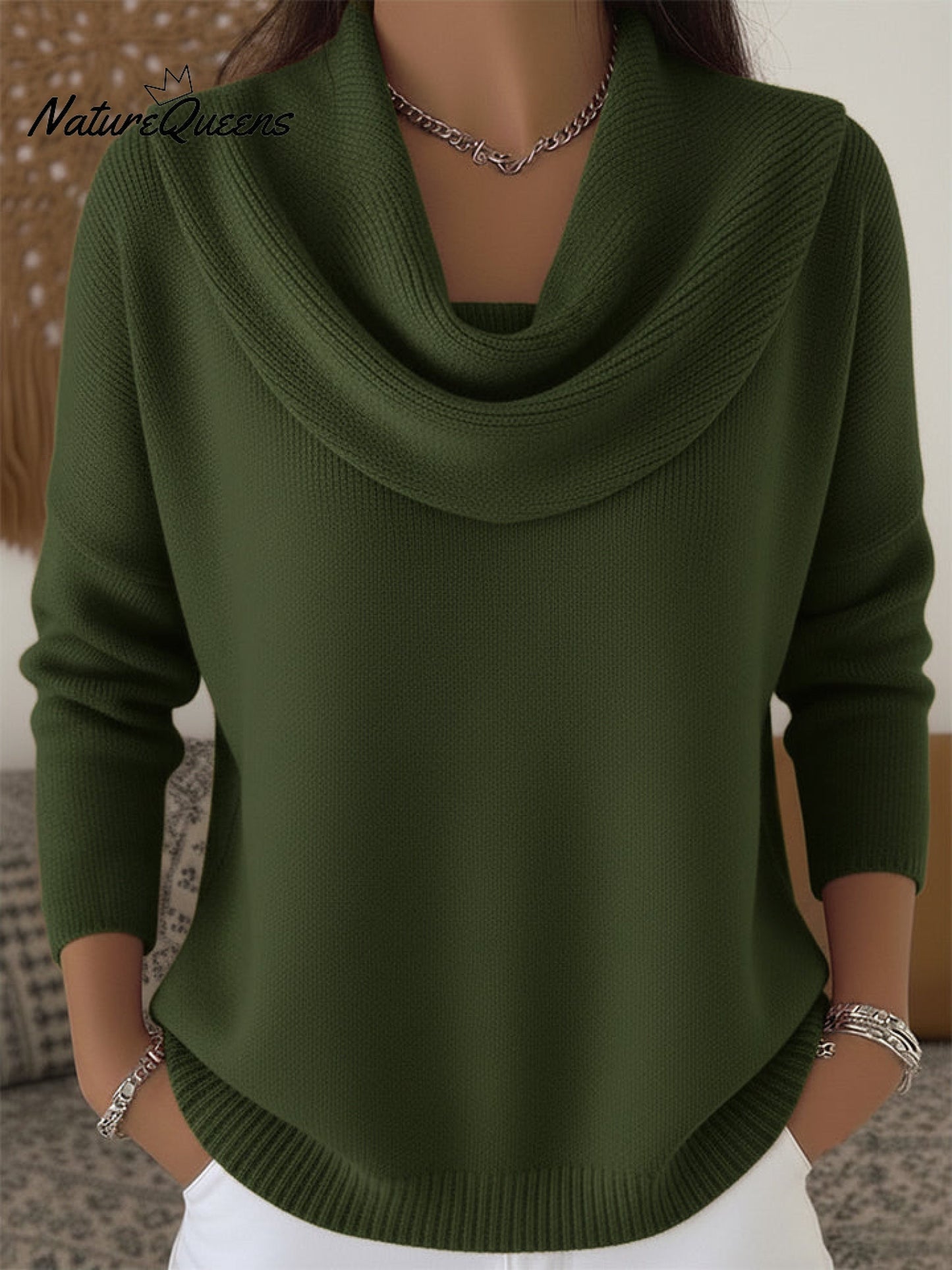 Soft and elegant solid color sweater with ruffles at the collar for women