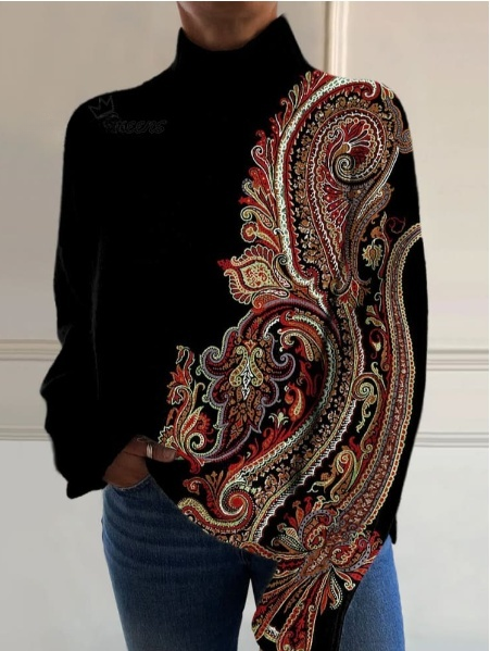 Retro Pattern Art Print Knitted Turtleneck