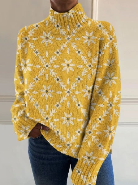 Vintage color block floral print knitted turtleneck