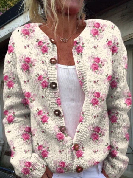 Cardigan with repeating pattern of French roses in watercolor