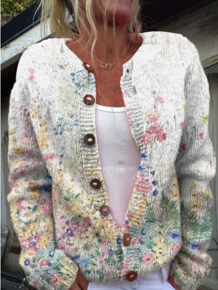 Cardigan with repeating pattern of French roses in watercolor