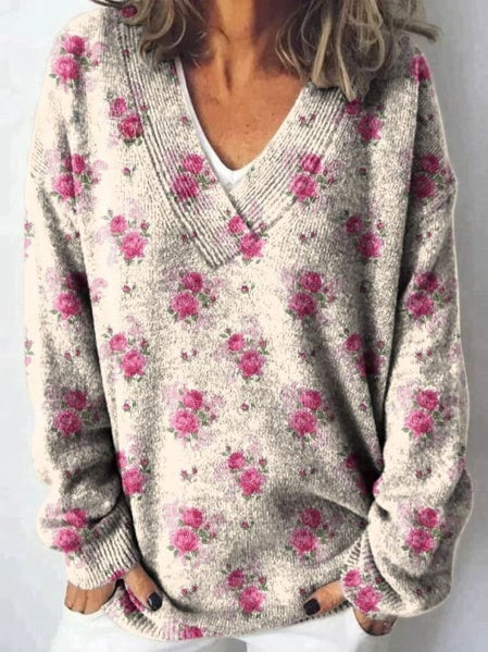 Cardigan with repeating pattern of French roses in watercolor