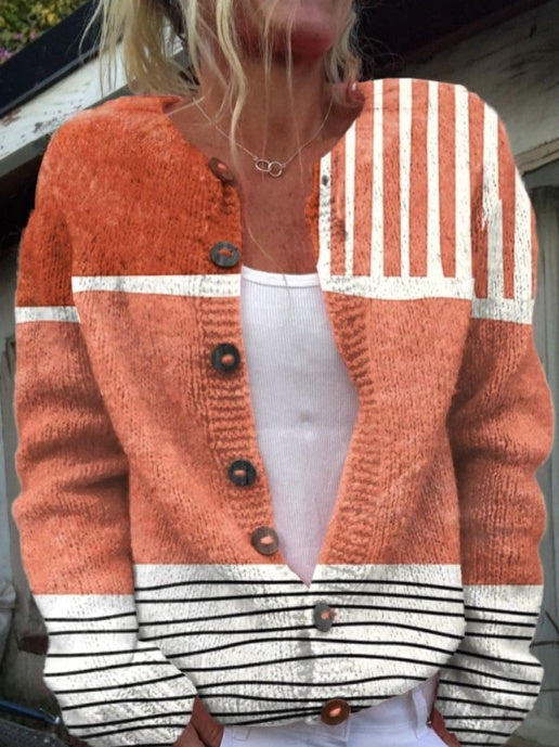Retro Abstract Art Print Casual Cardigan with Buttons