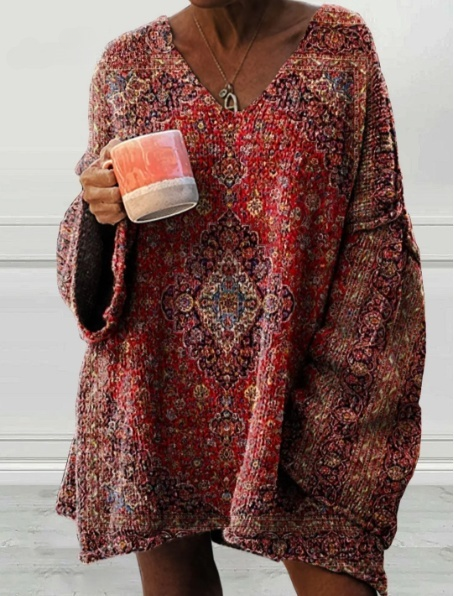 Vintage art print casual pullover sweater for women