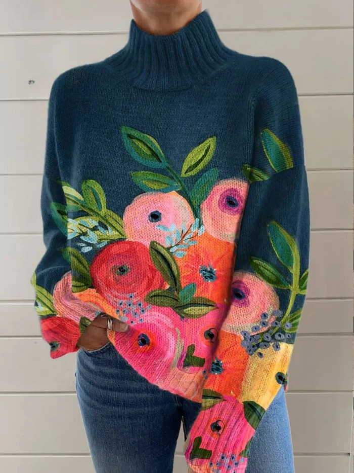 Tanya™ - Stylish Sweater with Retro Floral Pattern and Elegant Turtleneck